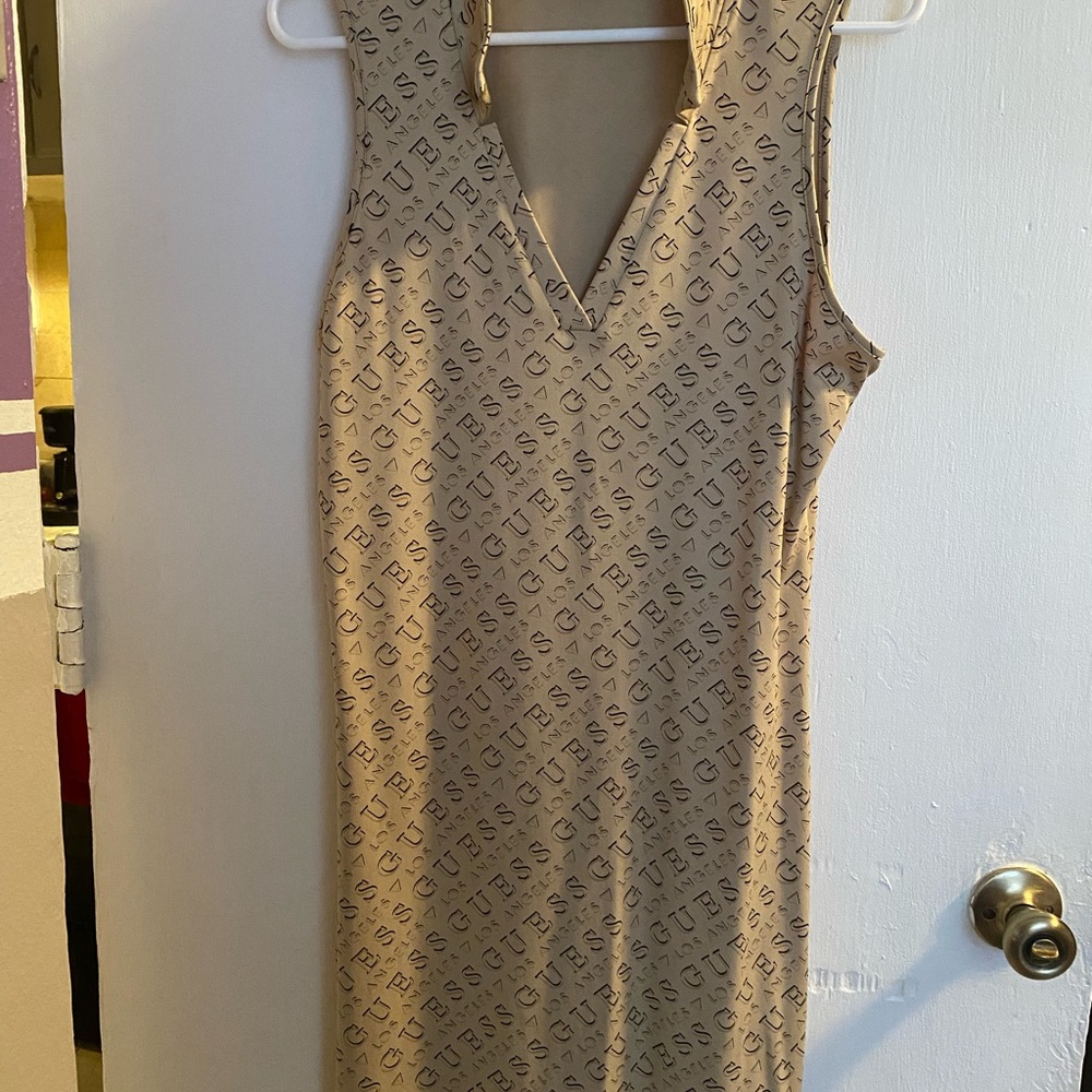 Guess beige dress with black guess lettering v neck
